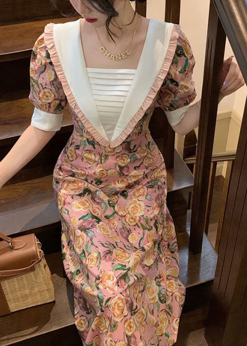 Pink Ruffled Print Lace Up Cotton Dresses Summer