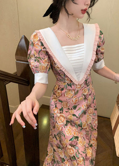 Pink Ruffled Print Lace Up Cotton Dresses Summer
