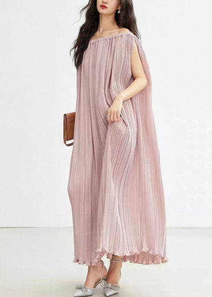 Pink Slash Neck Wrinkled Cotton Long Dresses Summer
