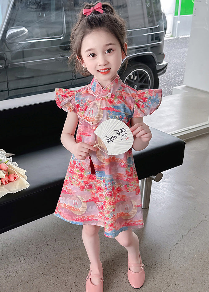 Pink Stand Collar Button Mid Dress Summer