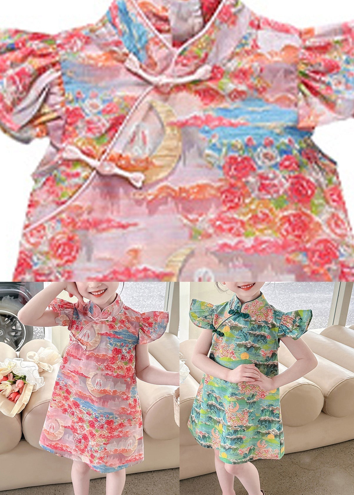 Pink Stand Collar Button Mid Dress Summer