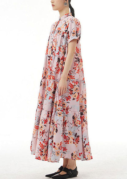 Pink Stand Collar Wrinkled Print Patchwork Chiffon Dress Summer