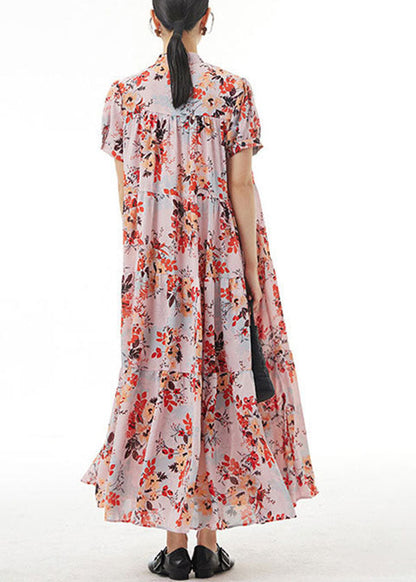 Pink Stand Collar Wrinkled Print Patchwork Chiffon Dress Summer