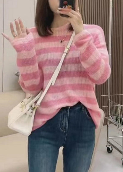 Pink Striped O Neck Cozy Knit Top Long Sleeve