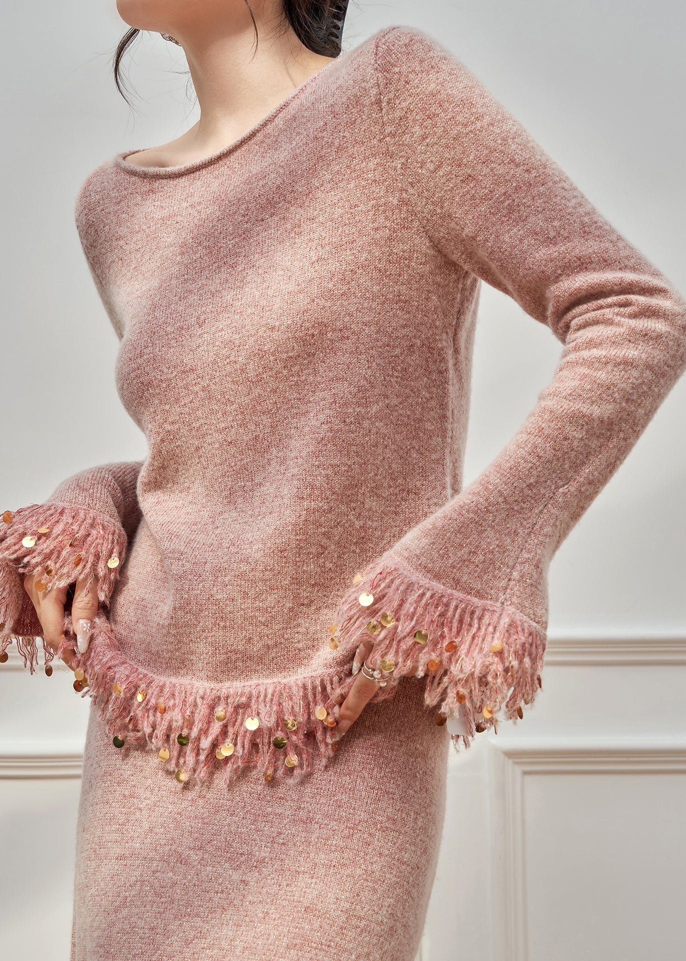 Pink Tasseled Sequins Knit Two Pieces Set Flare Sleeve
