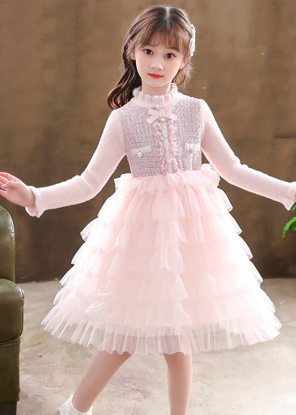 Pink Turtleneck Knit Patchwork Tulle Kids Vacation Mid Dresses Long Sleeve