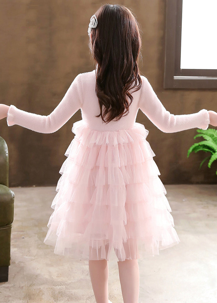 Pink Turtleneck Knit Patchwork Tulle Kids Vacation Mid Dresses Long Sleeve