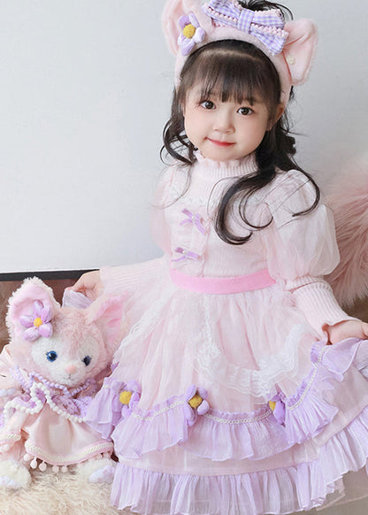 Pink Turtleneck Tulle Patchwork Knit Holiday Maxi Dress Long Sleeve