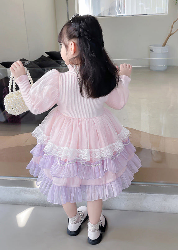 Pink Turtleneck Tulle Patchwork Knit Holiday Maxi Dress Long Sleeve