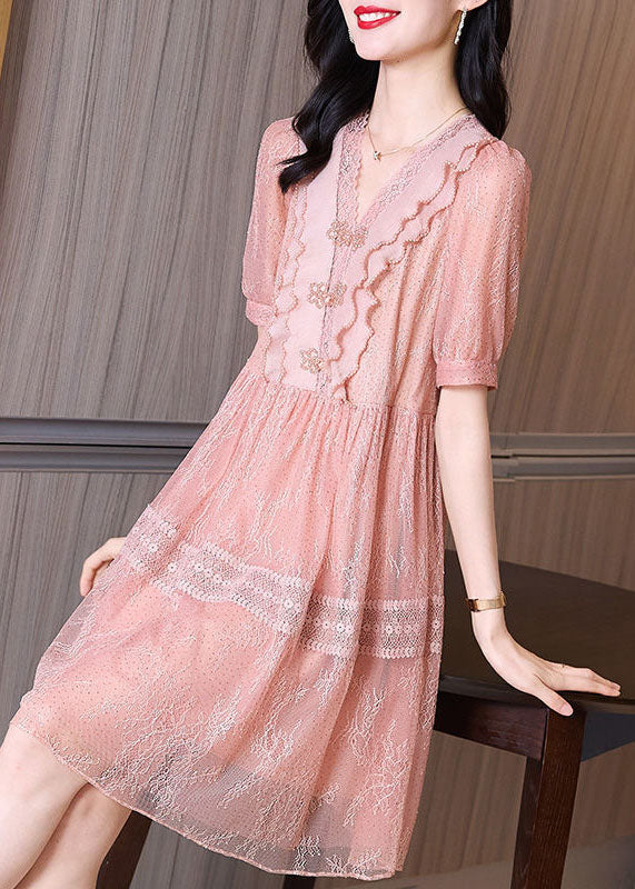 Pink V Neck Lace Ruffles Patchwork Tulle Dress Summer
