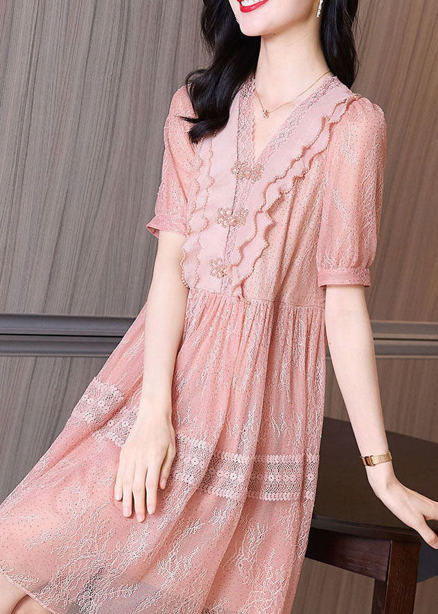 Pink V Neck Lace Ruffles Patchwork Tulle Dress Summer