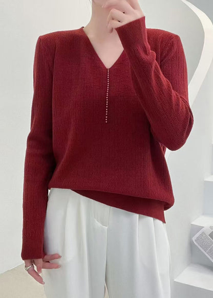 Pink V Neck Nail Bead Knit Sweater Fall
