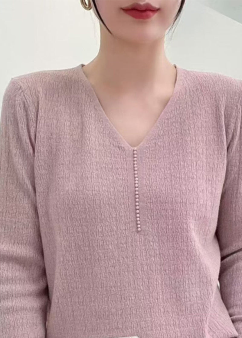 Pink V Neck Nail Bead Knit Sweater Fall