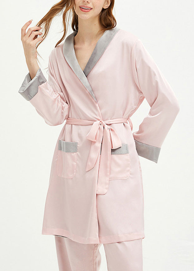 Pink V Neck Tie Waist Velour Pajamas Two Pieces Set Spring