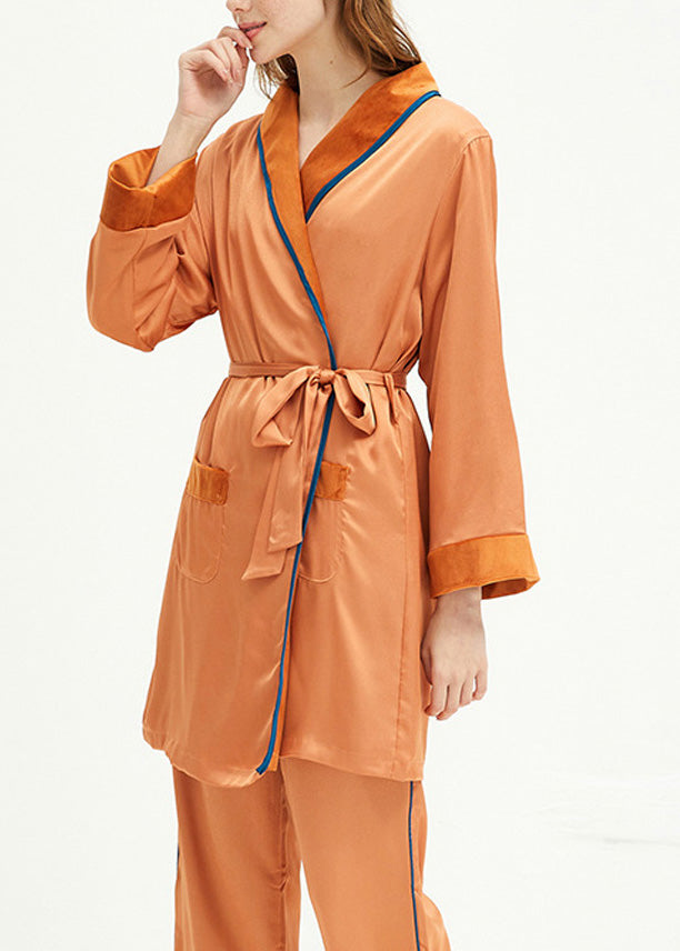 Pink V Neck Tie Waist Velour Pajamas Two Pieces Set Spring