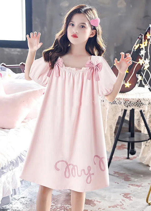 Pink Wrinkled Graphic Bow Cotton Maxi Dress Short Sleeve