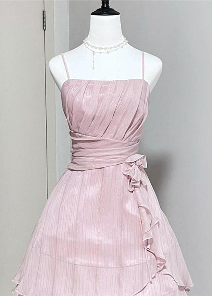 Pink Wrinkled High Waist Silk Spaghetti Strap Dress Sleeveless