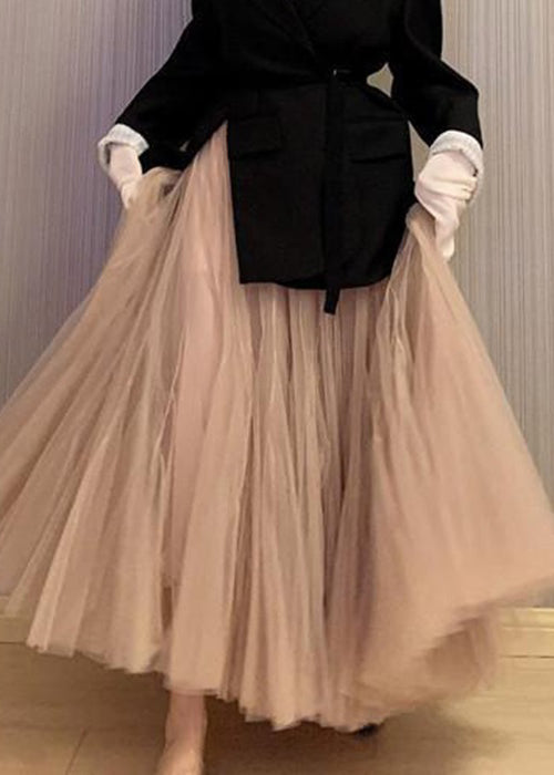 Pink Wrinkled High Waist Tulle Skirt Spring