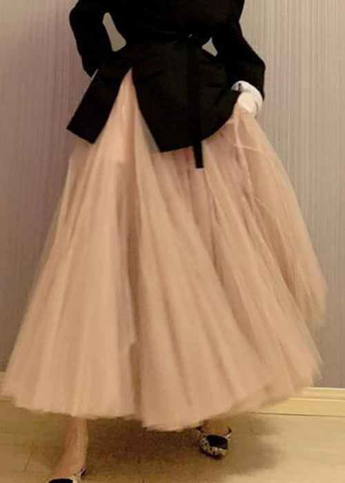 Pink Wrinkled High Waist Tulle Skirt Spring