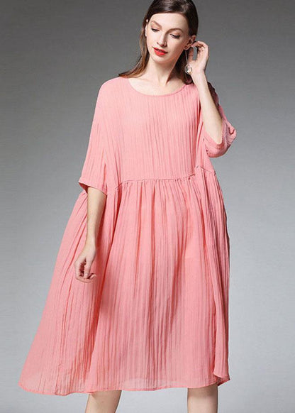 Pink Wrinkled Pockets Summer Dress Half Sleeve