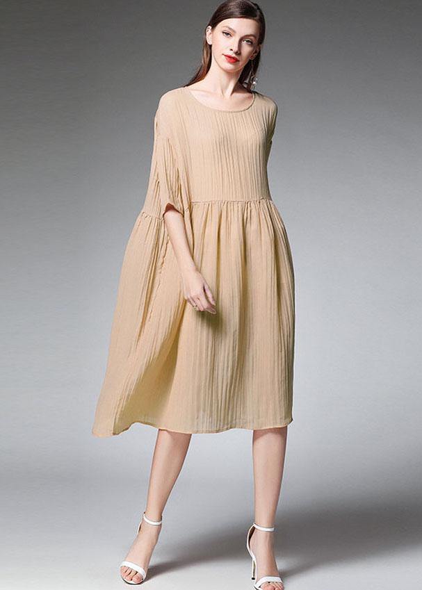 Pink Wrinkled Pockets Summer Dress Half Sleeve
