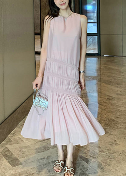 Pink Wrinkled Long Dress Sleeveless