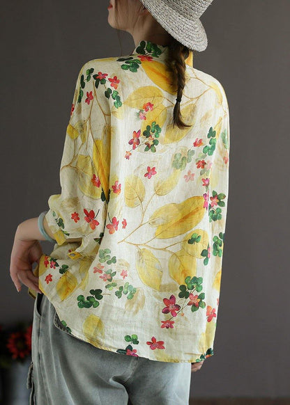 Print Peter Pan Collar Button Summer Linen Top Three Quarter Sleeve
