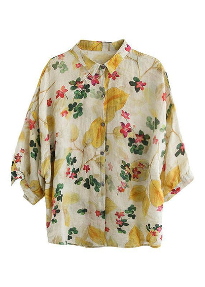 Print Peter Pan Collar Button Summer Linen Top Three Quarter Sleeve