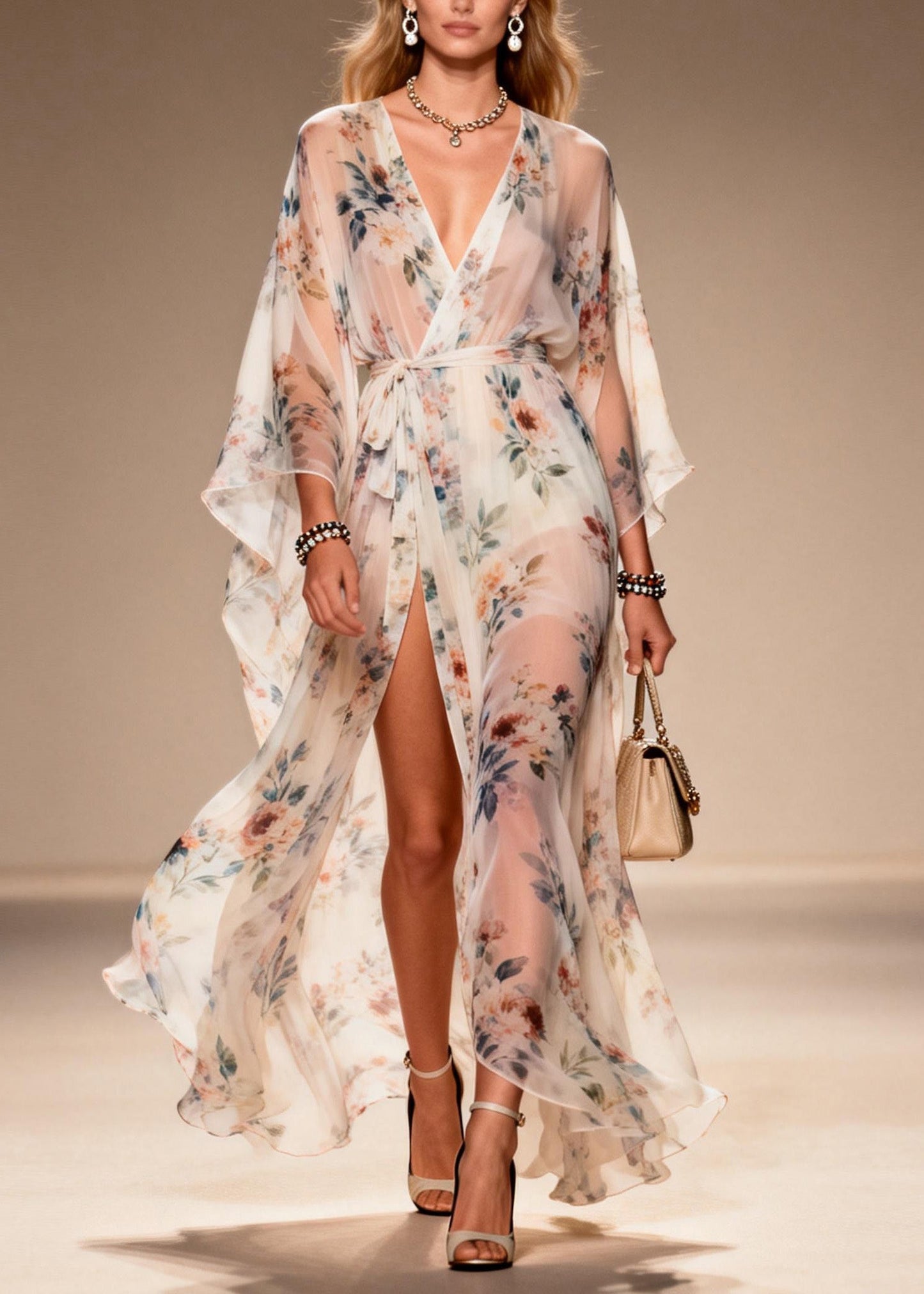Print Side Open Lace Up Chiffon Dresses Summer