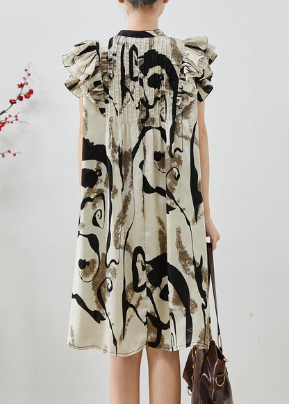 Print Wrinkled Chiffon Mid Dress Butterfly Sleeve
