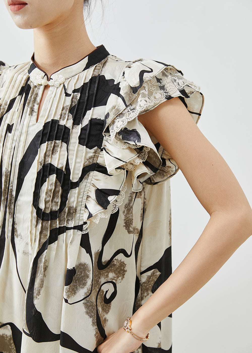 Print Wrinkled Chiffon Mid Dress Butterfly Sleeve