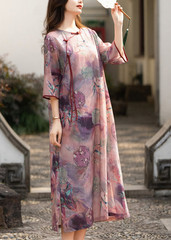 Purple Button Print Side Open Linen Dress Half Sleeve