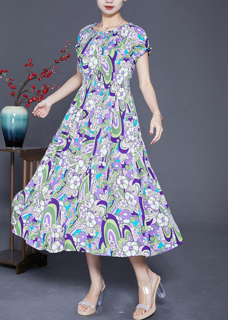 Purple Elastic Waist Print Cotton Beach Dress Summer