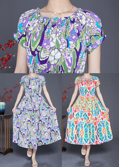 Purple Elastic Waist Print Cotton Beach Dress Summer