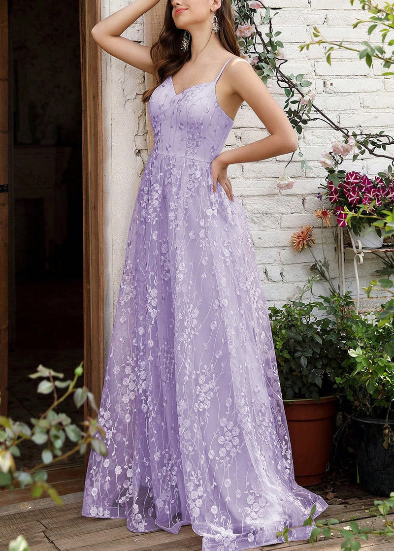 Purple Embroidered Backless Tulle Spaghetti Strap Dress Sleeveless