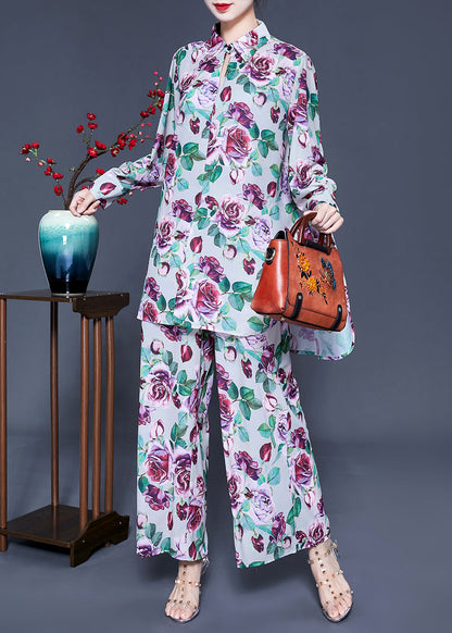 Purple Print Side Open Silk Tops and Pants Two Pieces Set Spring