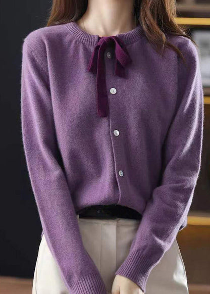 Purple O Neck Lace Up Patchwork Woolen Knitted Cardigans Fall