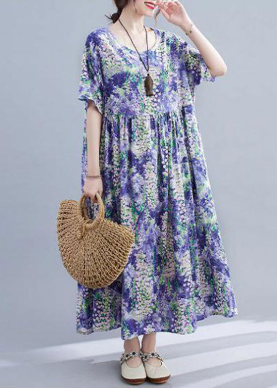 Purple O-neck Print Patchwork Long Dress Short Sleeve