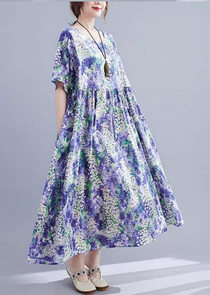 Purple O-neck Print Patchwork Long Dress Short Sleeve