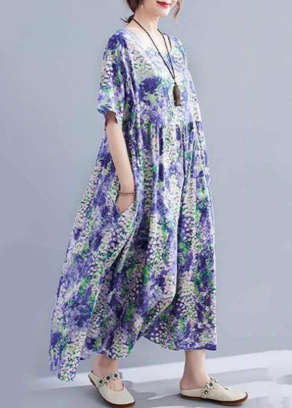 Purple O-neck Print Patchwork Long Dress Short Sleeve