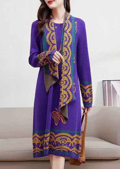 Purple O-neck Tops Scarf Dresses Cotton Knit Two Pieces Set Winter