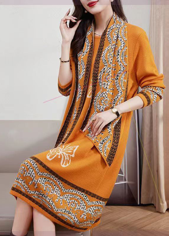Purple O-neck Tops Scarf Dresses Cotton Knit Two Pieces Set Winter