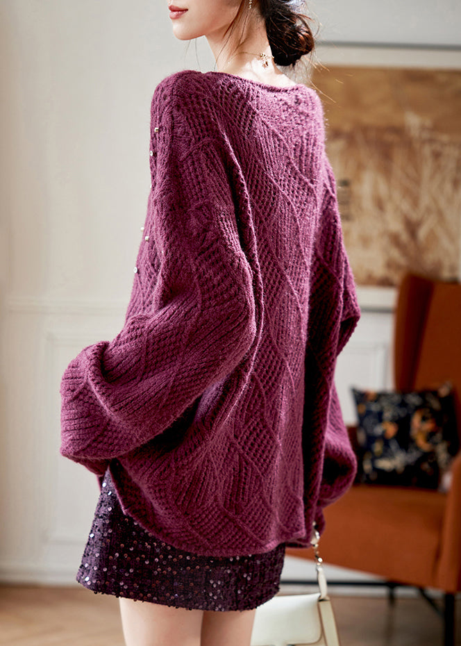 Purple O Neck Zircon Knit Sweaters Fall
