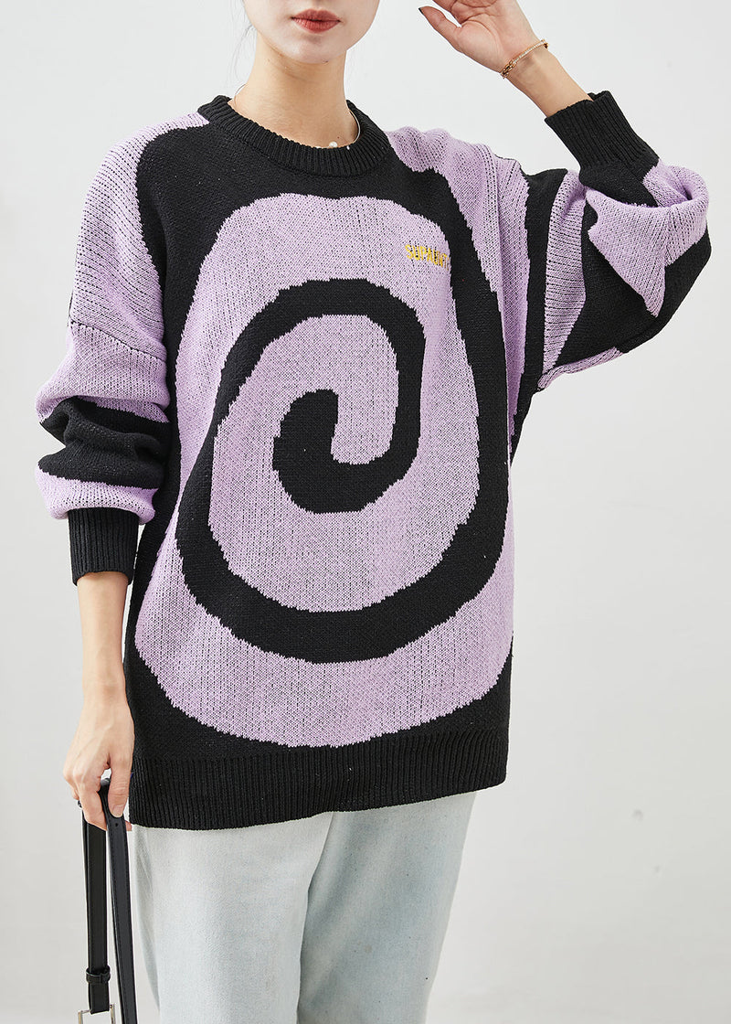 Purple Oversized Print Knit Sweaters Winter