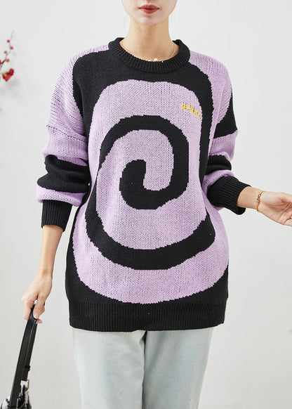 Purple Oversized Print Knit Sweaters Winter