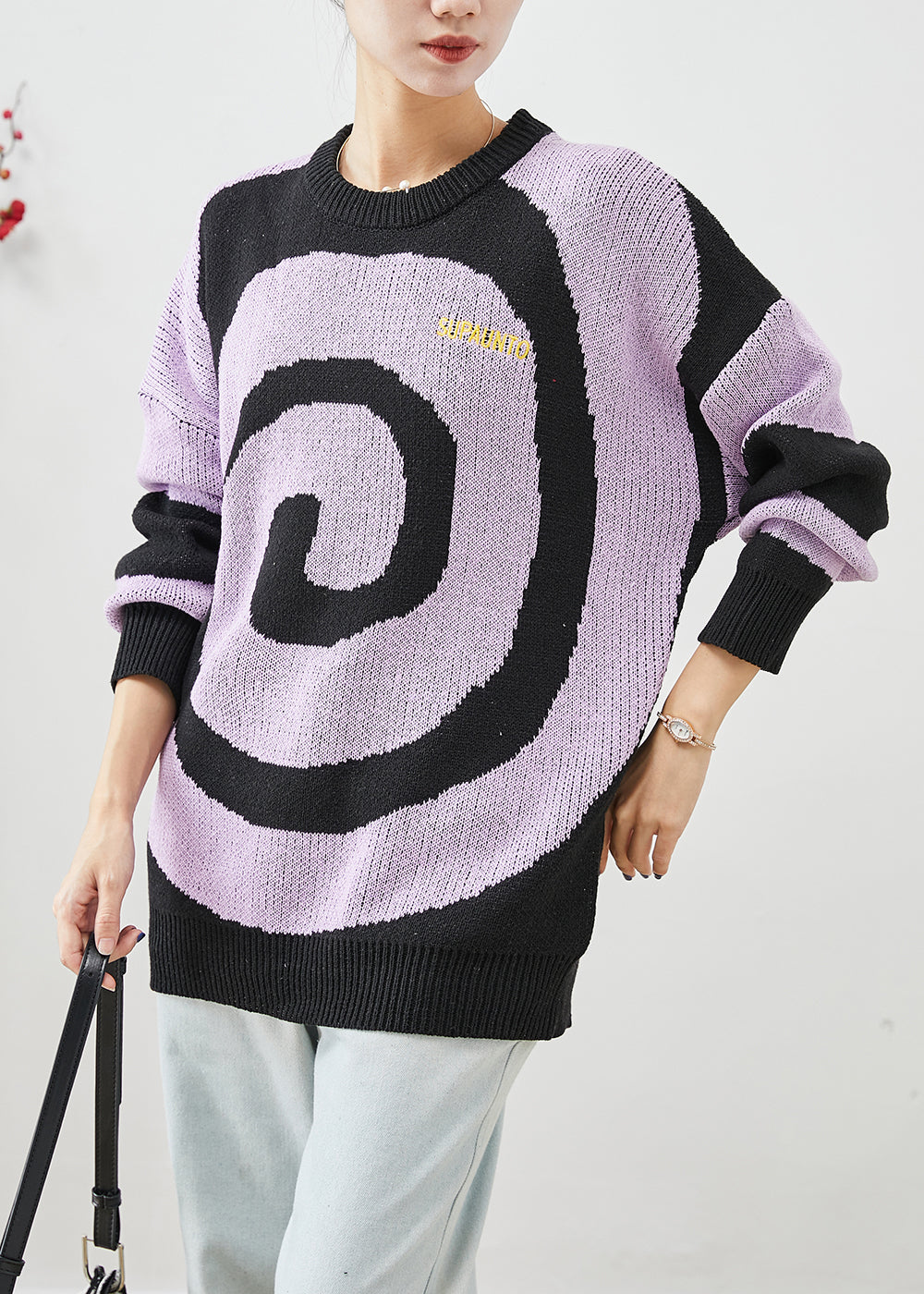 Purple Oversized Print Knit Sweaters Winter