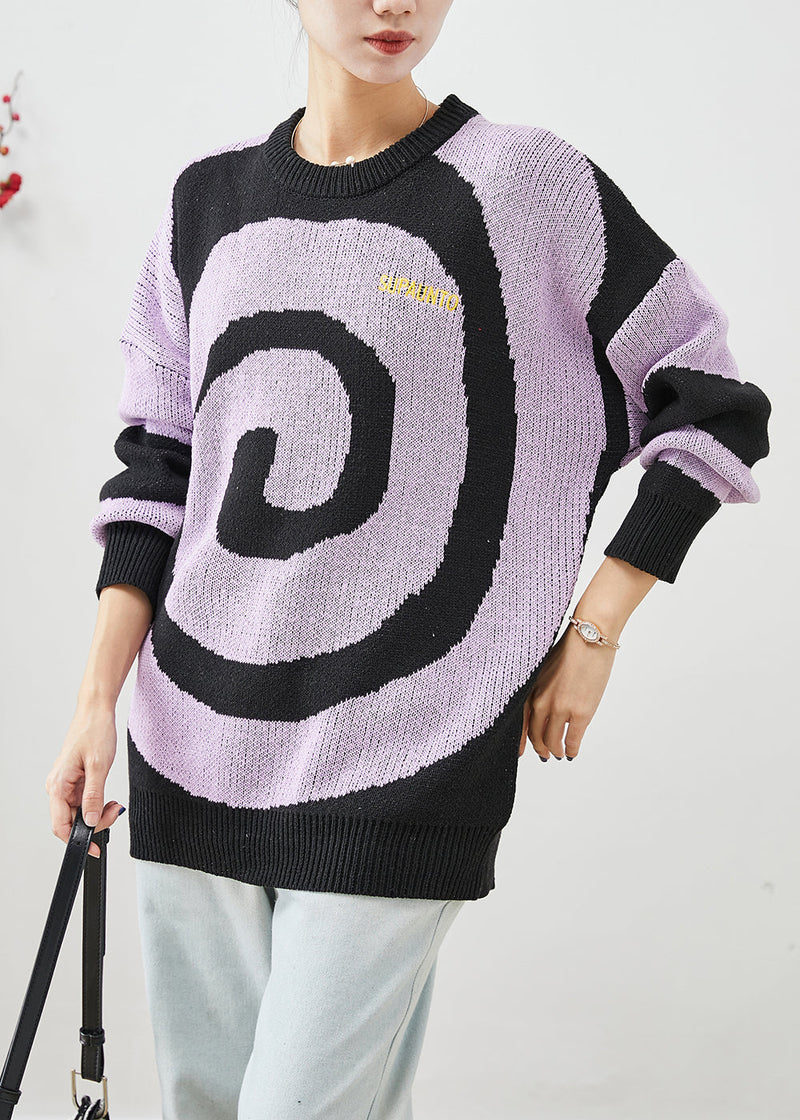 Purple Oversized Print Knit Sweaters Winter