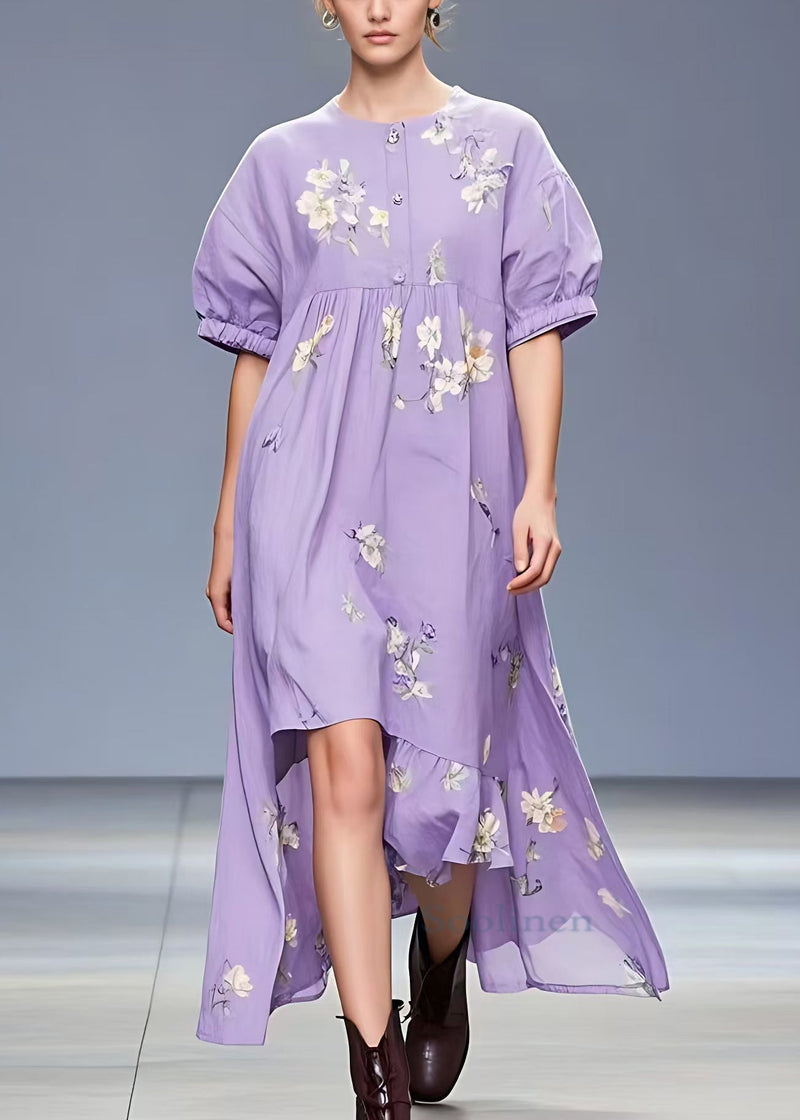 Purple Print Low High Design Cotton Dress Summer