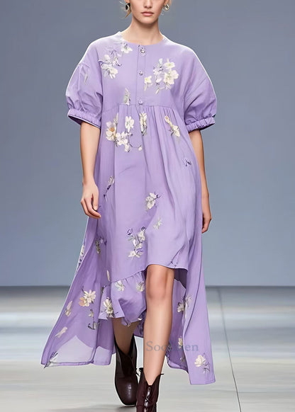 Purple Print Low High Design Cotton Dress Summer