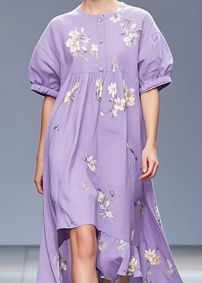 Purple Print Low High Design Cotton Dress Summer
